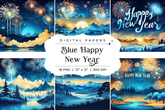 Blue Happy New Year Backgrounds: Digital Papers for 2024