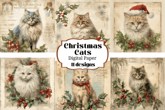 Victorian Christmas Cats: 11 Backgrounds for Your Crafts