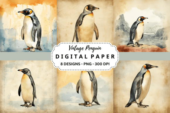 Vintage Penguin Watercolor Backgrounds: 8 Premium Design Assets